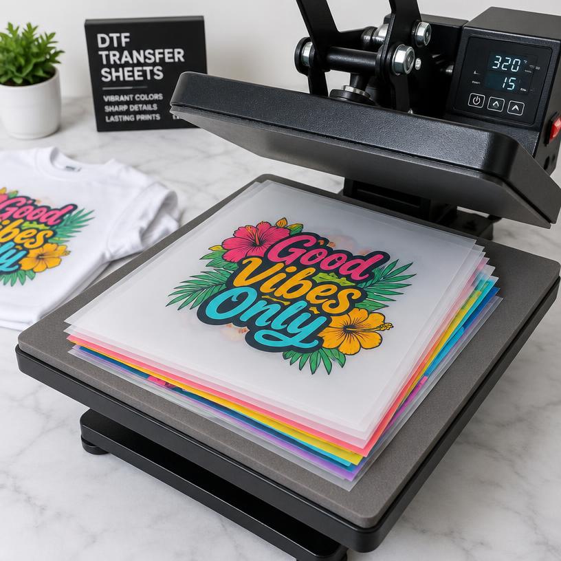 Stack of DTF transfer sheets on a heat press